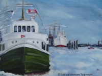 Acryl auf Leinwand, Im Hamburger Hafen im Winter, Elbe mit Eisschollen, Format 100 x 70 cm, VERKAUFT